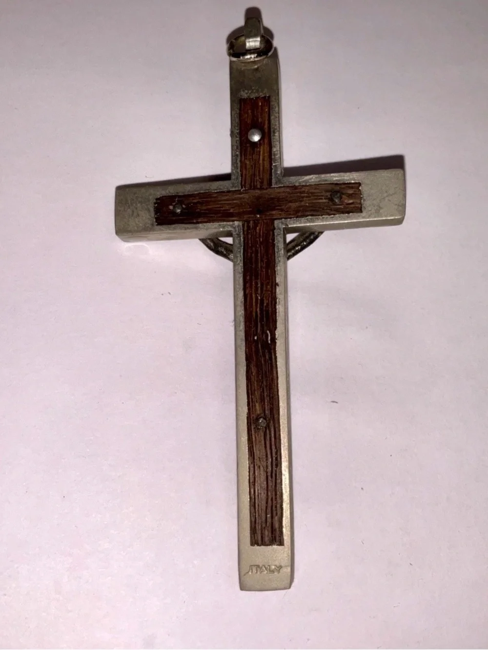 Vintage Italy Brown Enamel Crucifix Cross Pendant Catholic Silver Tone 3.5”